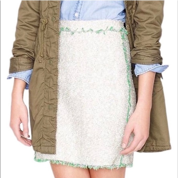 J. Crew Green White Metallic Tweed Fringe Mini Skirt Sz 0 - Picture 9 of 15